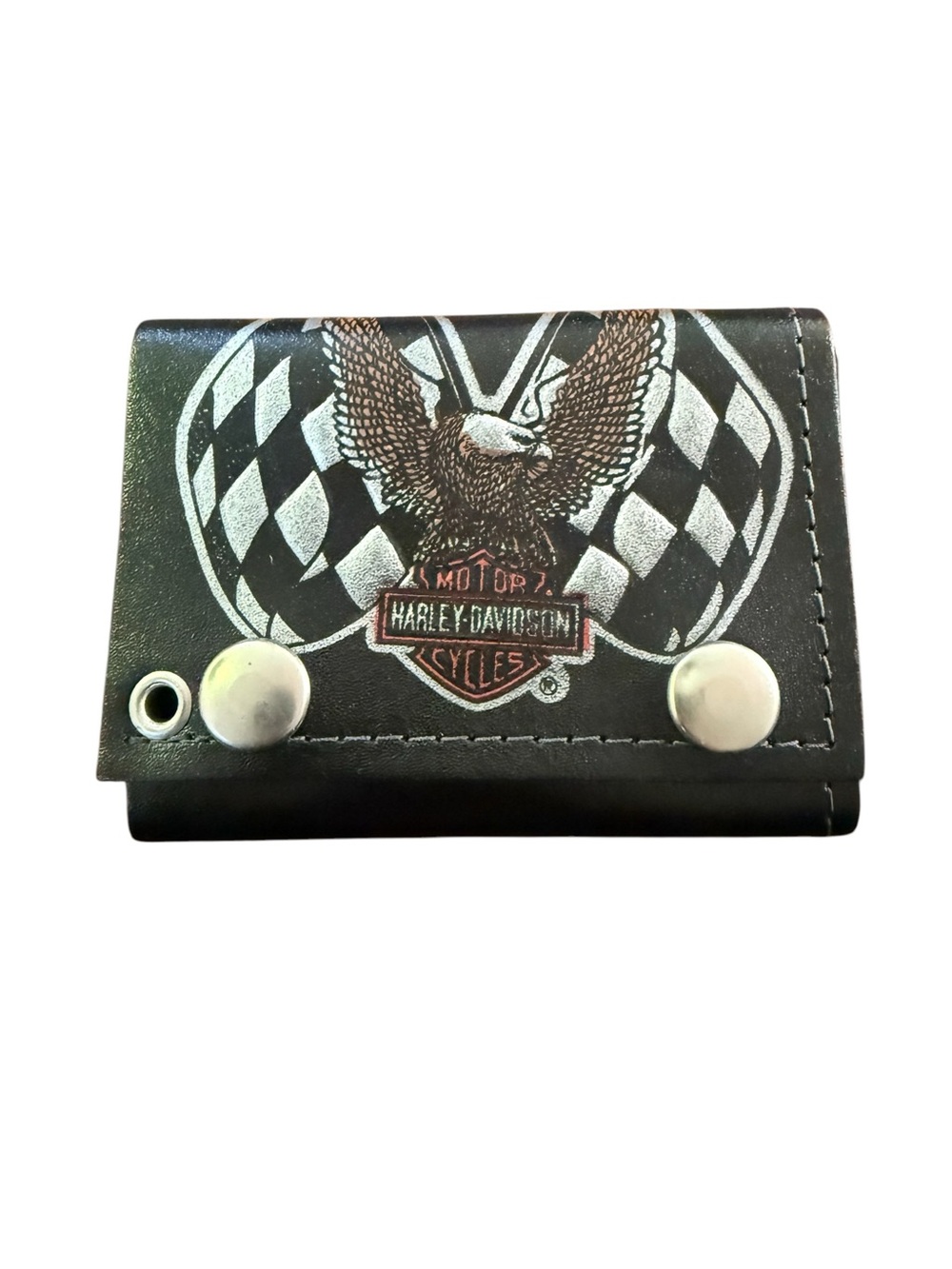 Vintage Harley-Davidson Black Trifold Leather Wallet Eagle Graphic Made in USA